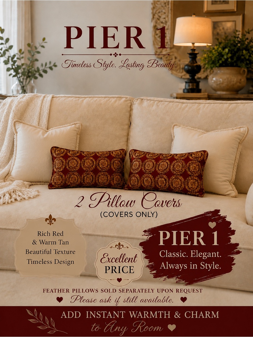 ♥️♥️ Last Chance ♥️♥️ Pier 1 Red & Tan Pillow Tops Only
